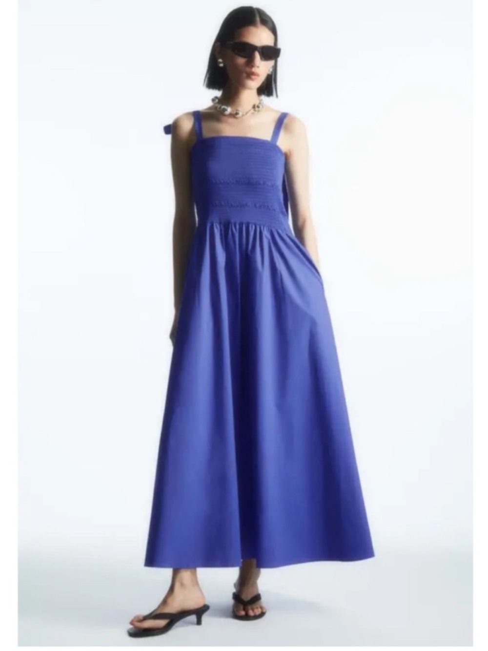 EUC - COS Tie Detail Smock Midi Dress - Bright Blue
